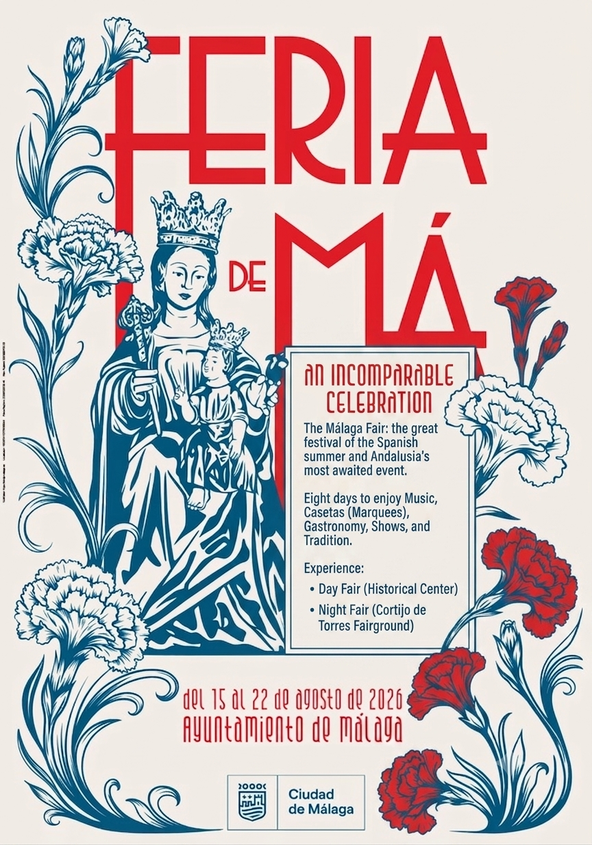 Official poster of Feria de Málaga 2026, August 15–22 — Ayuntamiento de Málaga